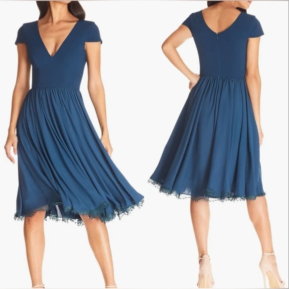 NWOT Dress the Population Dress Fit & Flare CoreyPEACOCK BLUE Chiffon Sz XS
